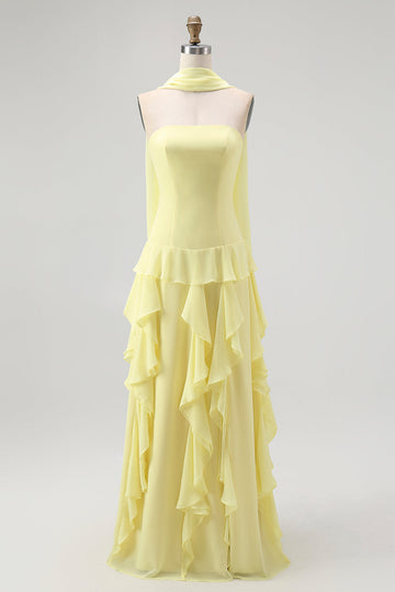 Yellow Ruffled Strapless Long Bridesmaid Dress with Streamer